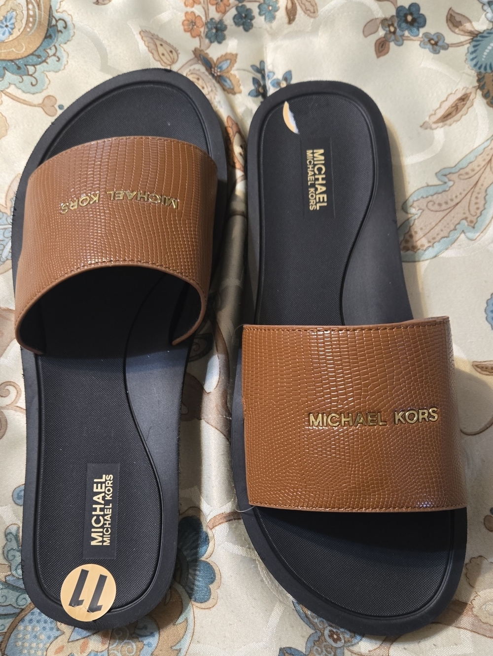 Michael Kors Brown and Black  Slide Sandals with Gold Logo